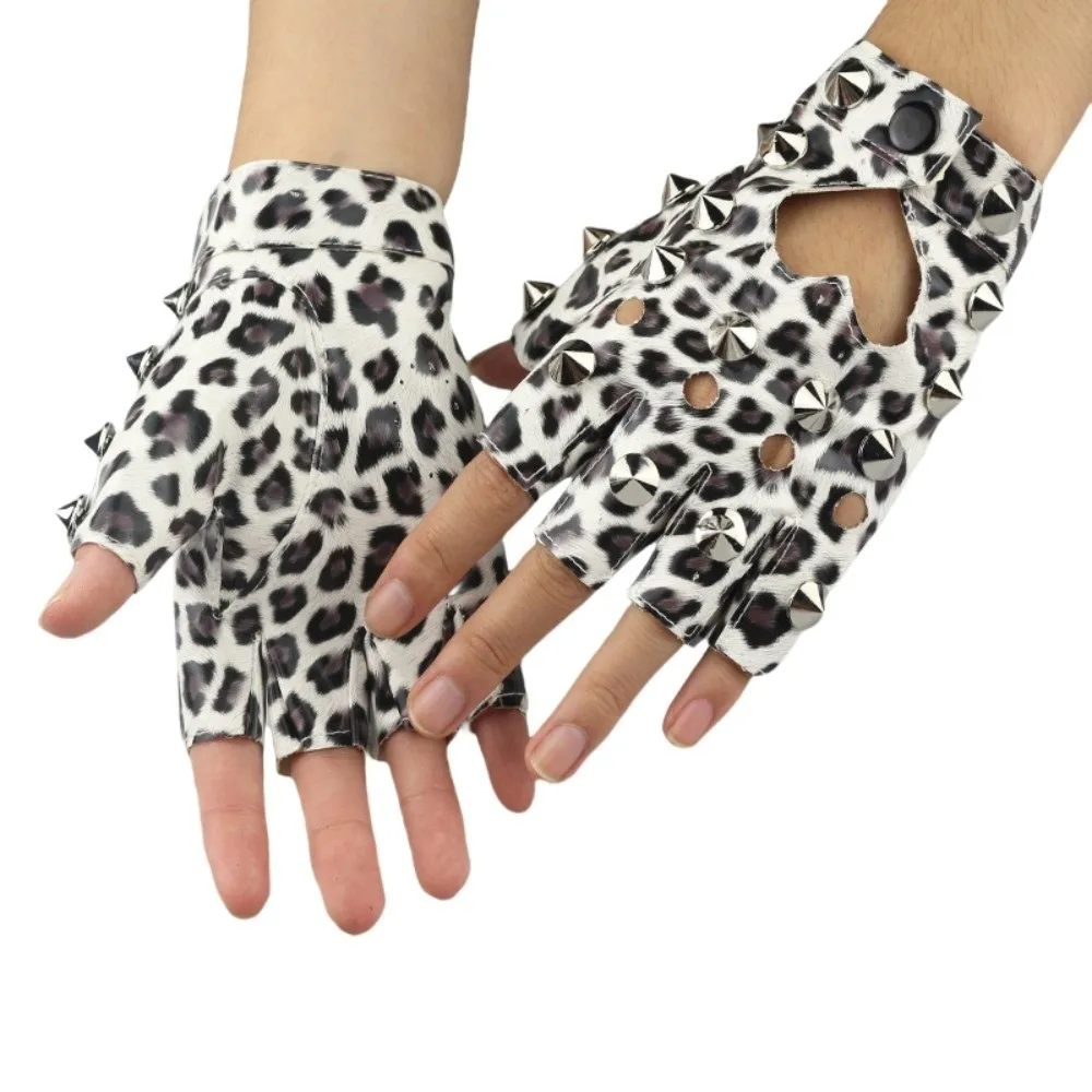 Personality Fingerless Rivet Gloves Leopard Print Hip-Pop Half-palm Gloves Punk Y2K Patent Leather Gloves Hip-Hop