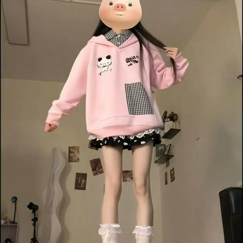 Japanes Sweet False Two Piece Hoodies Women Cute Cartoon Embroidered Plaid Patchwork Long Sleeves Coat Kawaii Casual Loose Hoody