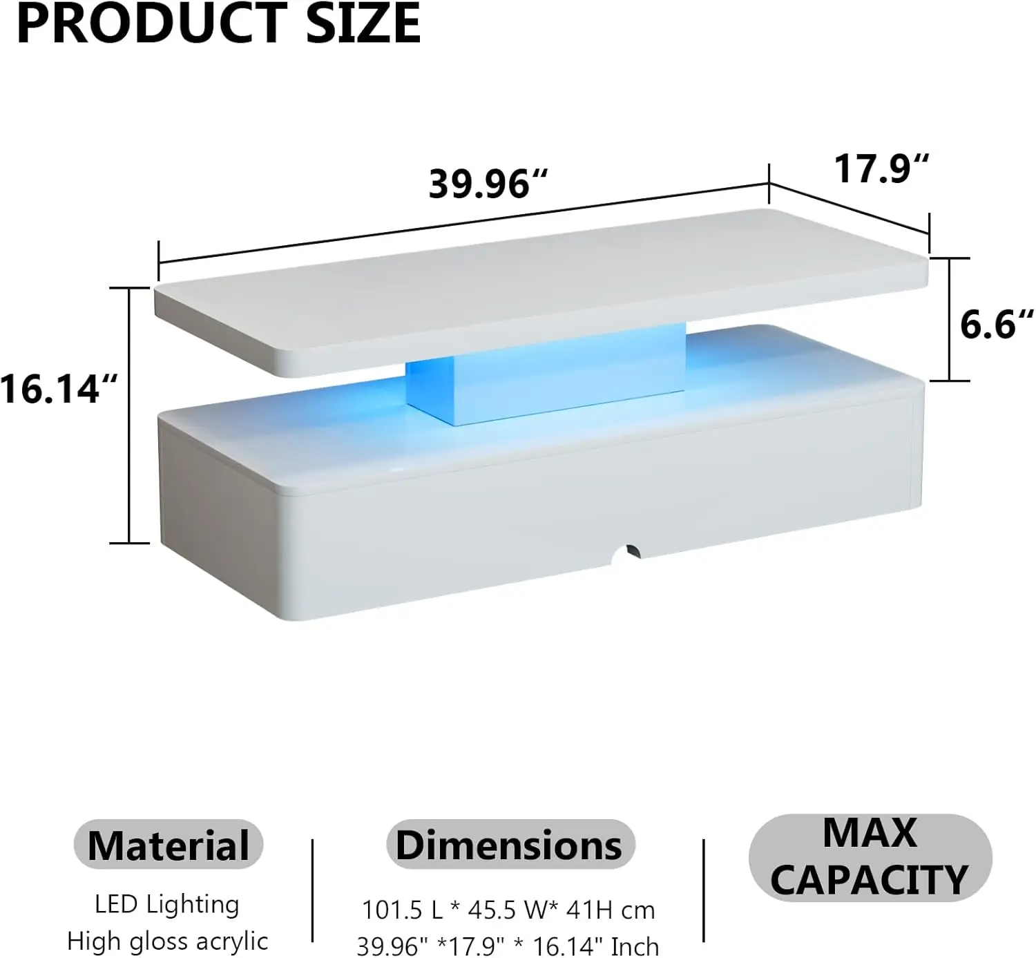 NEW Modern Stylish Coffee Table with 16 Colors LED Lights, Double-Layer Design for Living Room, White