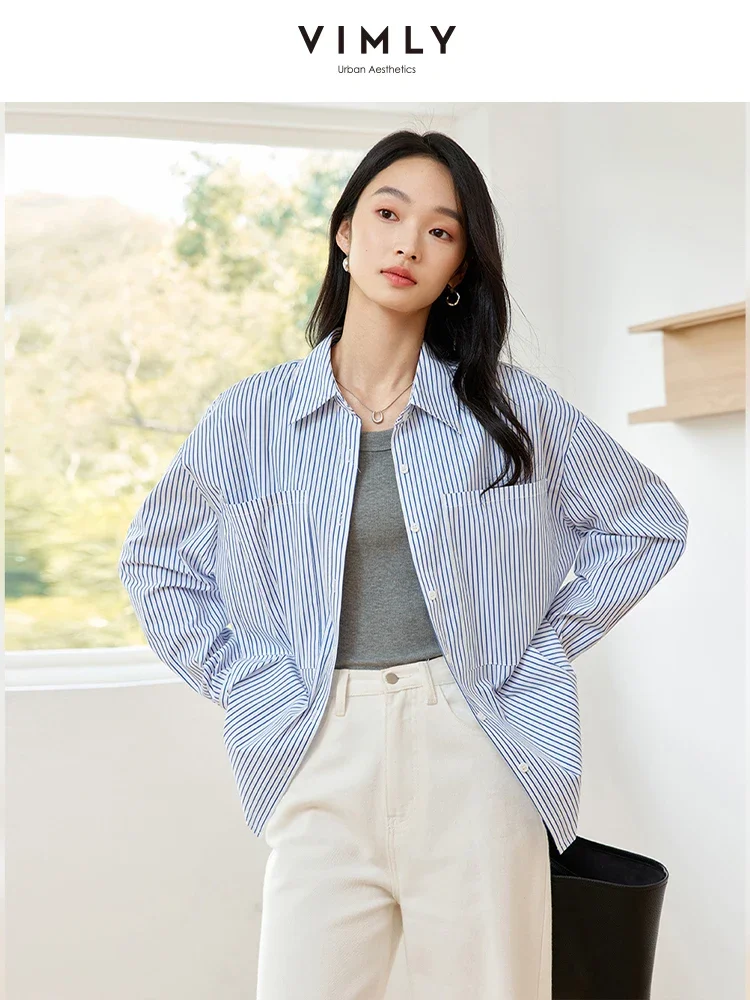 VIMLY Women's Casual Lazy Style T-Shirt Autumn New Simple Lady Lapel Vertical Striped Printed Shirts Coat Office Lady Loose Wear