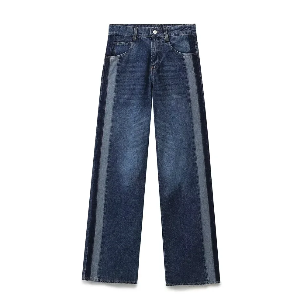 

PB&ZA 2024 Autumn New Product Women's Clothing Splicing Striped Strip Decoration Basic Versatile Wide Leg Jeans