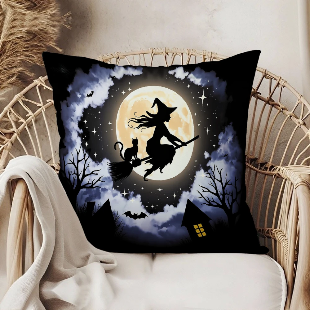 Square Throw Pillow Case Black Halloween Witch Flying On Broomstick With Full Moon And Cats Print For Home Sofa Bedroom Decor