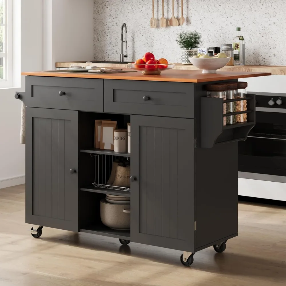 عربة جزيرة المطبخ المحمولة مع أوراق متدلية وأدراج تخزين