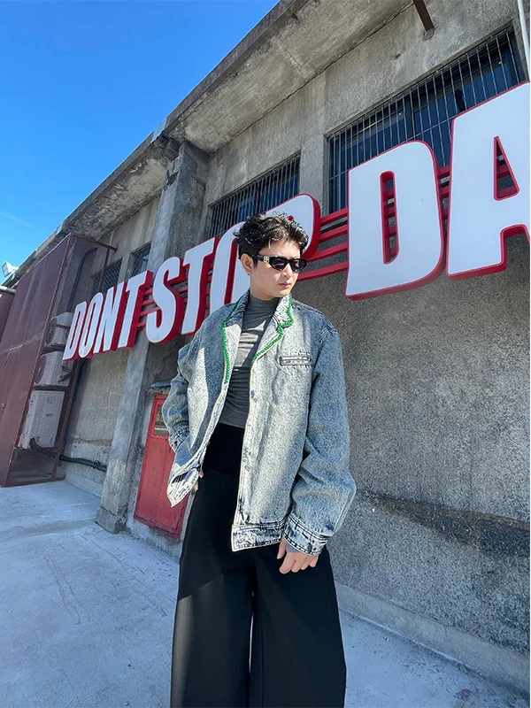 

TANGZ STUDIO Мужская джинсовая куртка с отложным воротником, повседневная, приталенная, осенняя, стандартной длины, однотонная, винтажная, с эффектом потертости