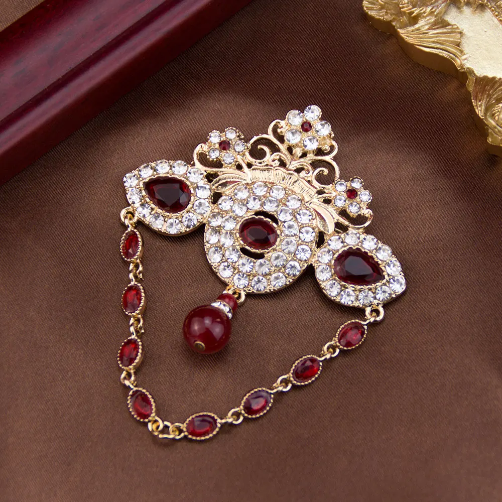 Sunspicems Elegent Chain Brooch For Women Gold Color Algeria Morocco Wedding Jewelry Arabic Robe Caftan Brooch Pin Bridal Bijoux