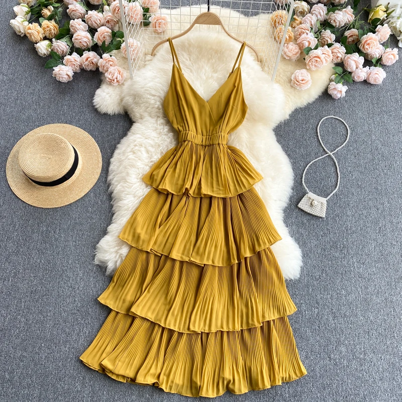 Summer Yellow Women's Beach Long Dress For Girls V Neck Sleeveless Camis Sundress Boho Vintage Ruffles Patchwork Holiday Dresses