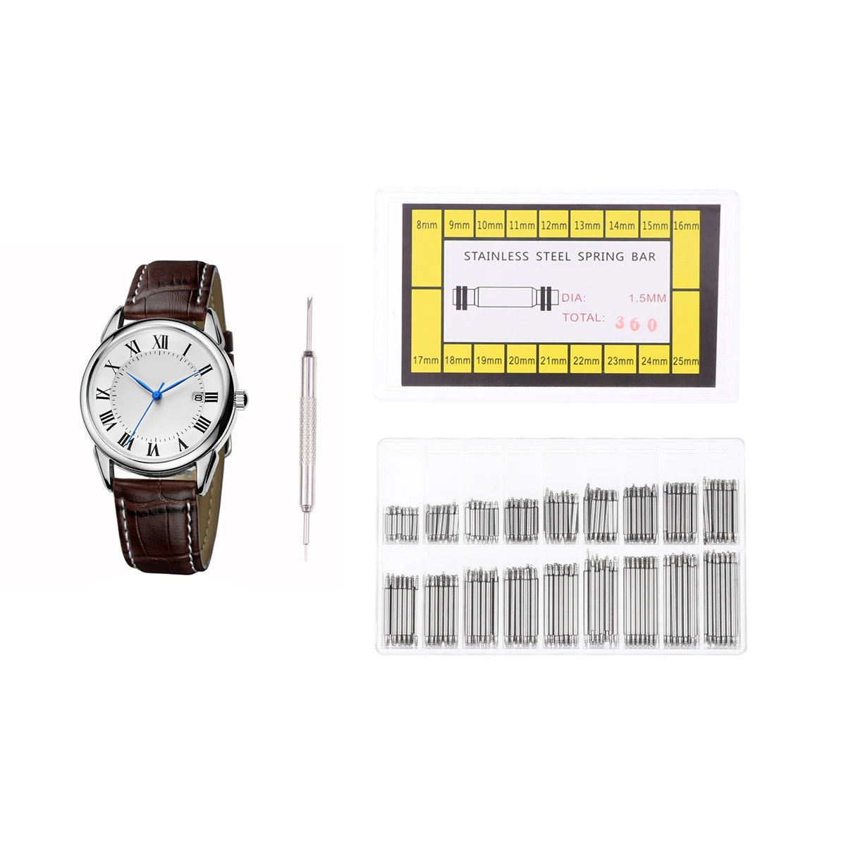 

360pcs Watch Spring Bars Silver Stainless Steel Link Repair Kit for Metal Straps Easy Install Replacement Tool Set