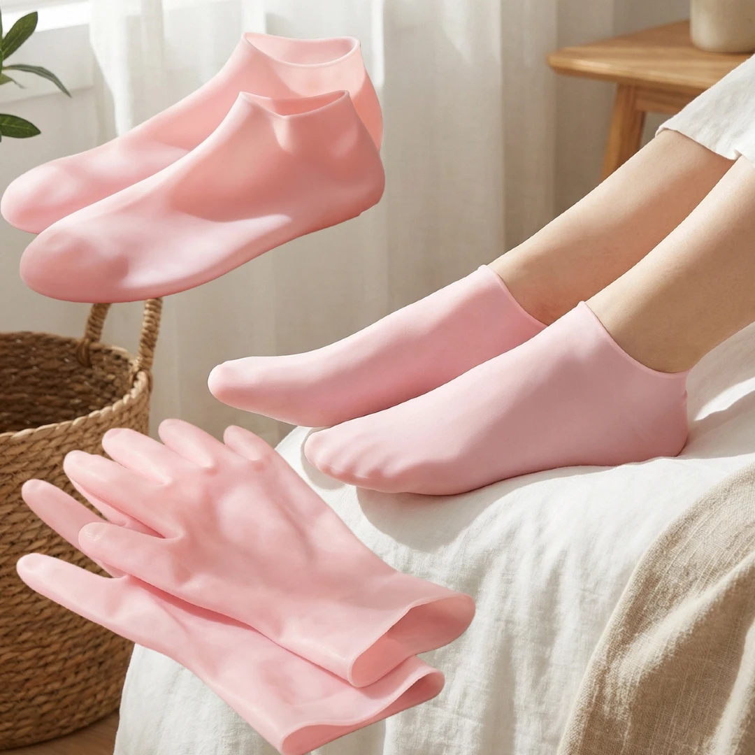 مجموعة جوارب مرطبة من السيليكون مكونة من 4 قطع، زوج واحد من القفازات وزوج واحد من أغطية القدم، جوارب سبا قابلة لإعادة الاستخدام لتنعيم القدمين واليدين