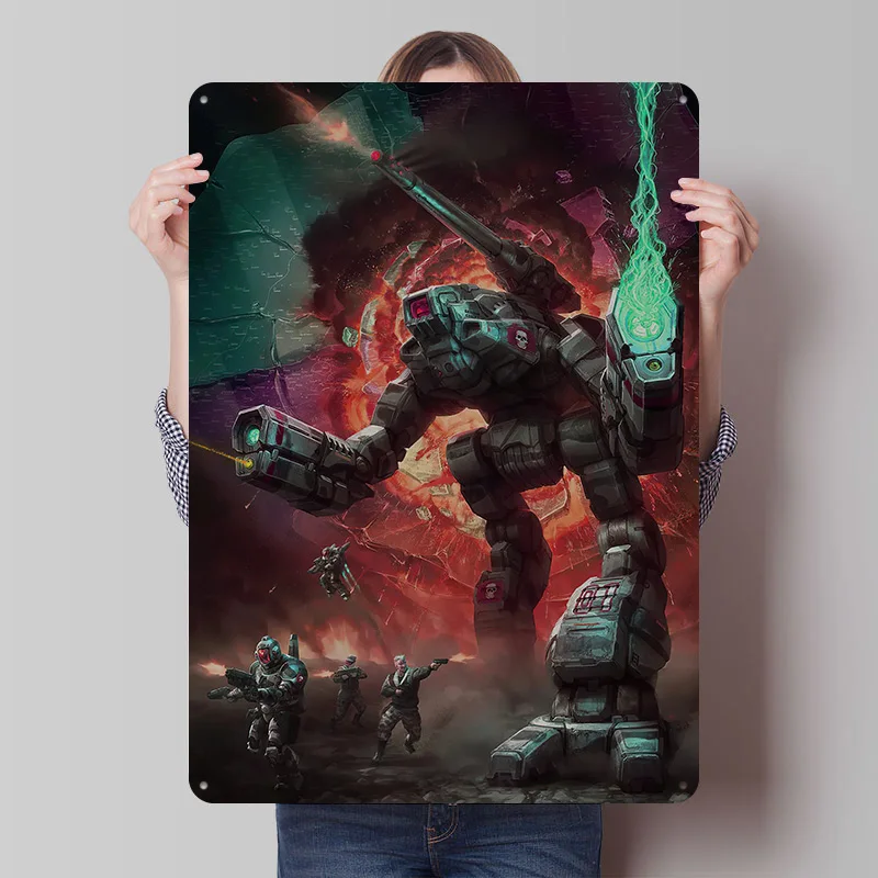 Mech Warrior Kampfszene Battletech Gedrucktes Poster Individualisierte Retro Wandkunst Vintage Metallschilder für Luxuriöse Heimdekoration