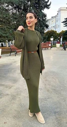 Ankle Length Knitted Dress Slim Fit Solid Two Pieces 2024 Autumn Women Long Sleeve Cardigan Dress Sets Basics Slight Strech