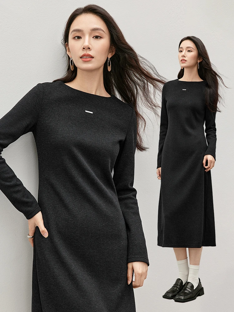 

SENTUBILA A-line Knitted Black Dress for Women 2024 Winter Solid Simple Metal LOGO Retract Waist Long Sleeve Dresses 144L57151