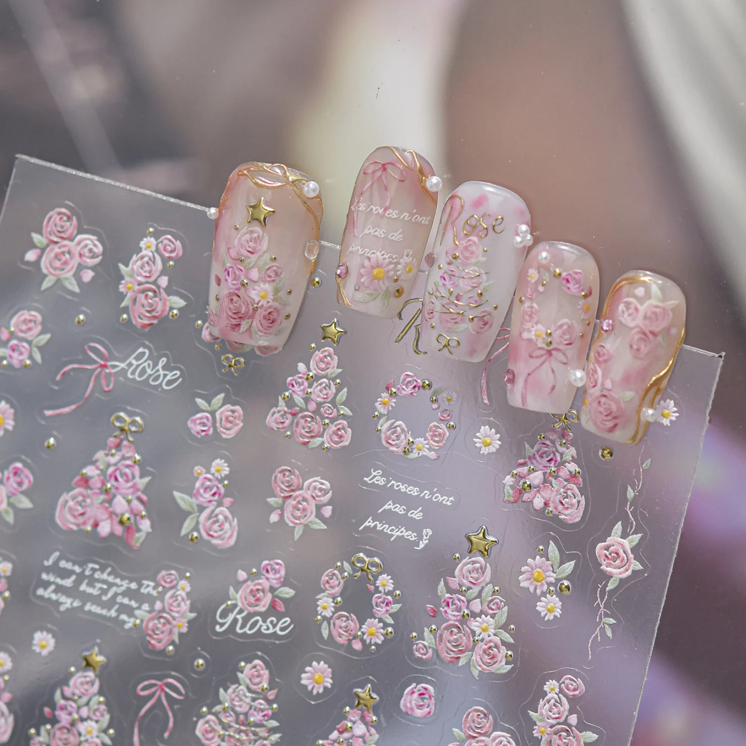 Sweet Pink Rose Daisy 5D Nail Stickers Ribbon Bow Floral Self‑Adhesive Nail Decal Beautiful Flower Cluster Nail Manicure Decor