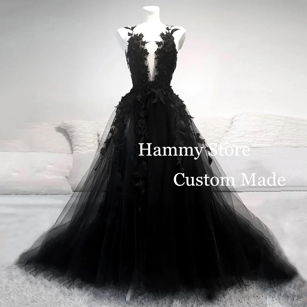 Sexy Black Wedding Dress Deep V Neck Sleeveless Lace Applique Open Back Sweep Train Gothic Bridal Gown Vestido De Noiva