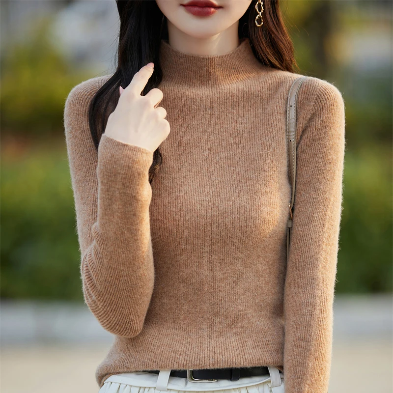 Fashionable Half-Neck Pullover Sweater Elegant Long Sleeve Basic Knit Top Fall Winter New Sweater Women's Clothing Suede