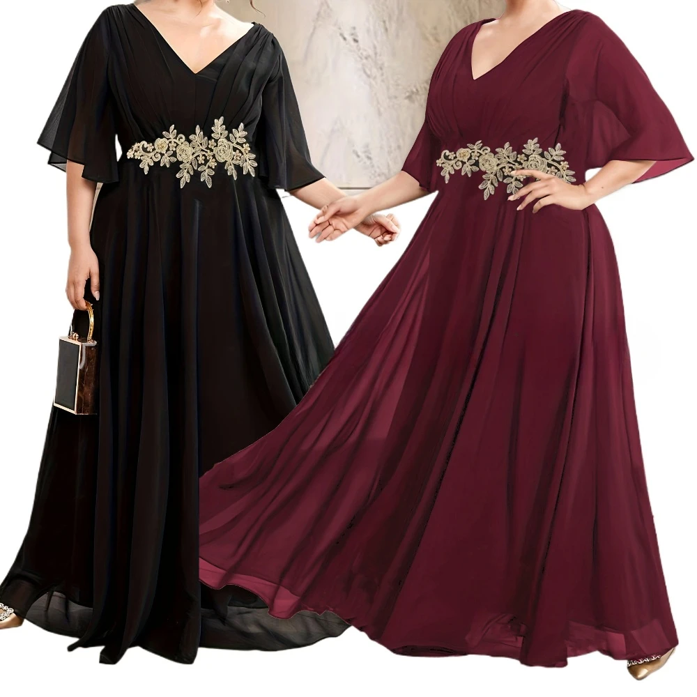 

Waist Flowers Embriodery V-neck Chiffon Long Plus Size Dress