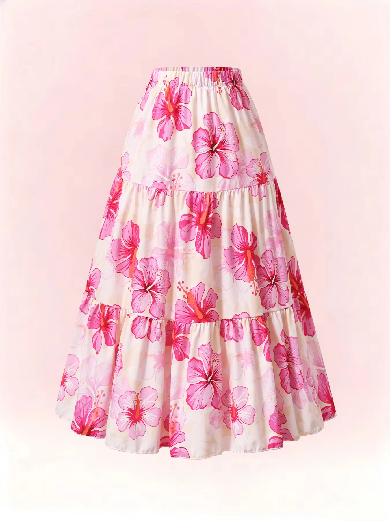 Women Tropical Hibiscus Print Tiered Cake Maxi Skirt Elastic Waist Ruffle Flowy Long Skirt Summer Beach Vacation A-Line Skirts