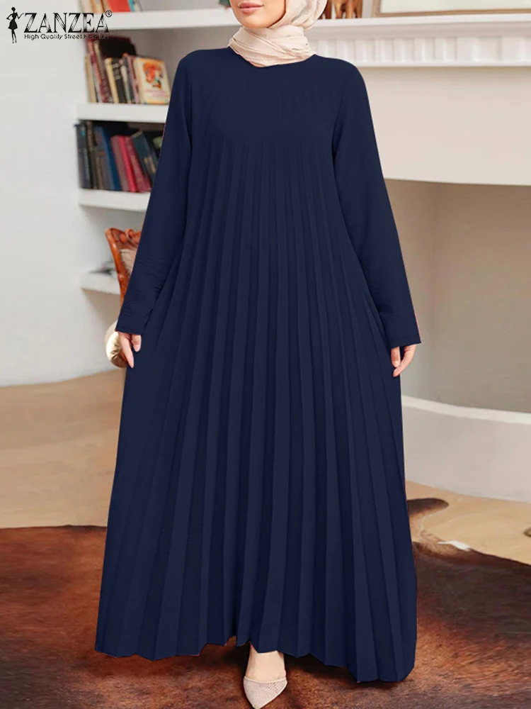 ZANZEA Women Vintage Long Sleeve Casual Muslim Dress Robe Femme Pleated Vestido Kaftan Fashion Dubai Turkey Abaya Hijab Sundress