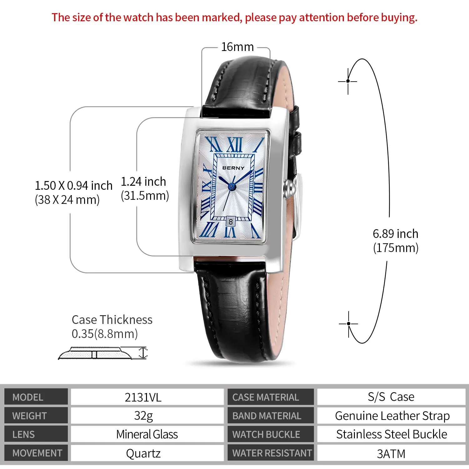 BERNY Tank Watches for Men Calendar Date Quartz Men\'s Watch Leather Strap Rectangle Dial Classic Dress Male Wristwatch