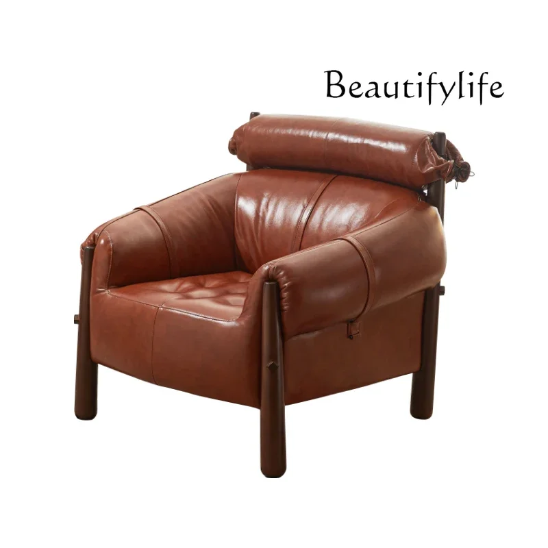 

Medieval single sofa chair retro oil wax leather living room creative art villa room negotiation chair