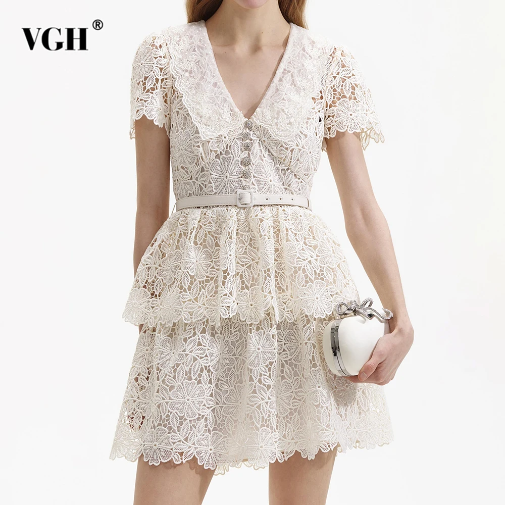 

VGH Solid Embroidery Slimming Dresses For Women V Neck Short Sleeve High Waist Spliced Belt Spring Elegant Dress Female Fashion