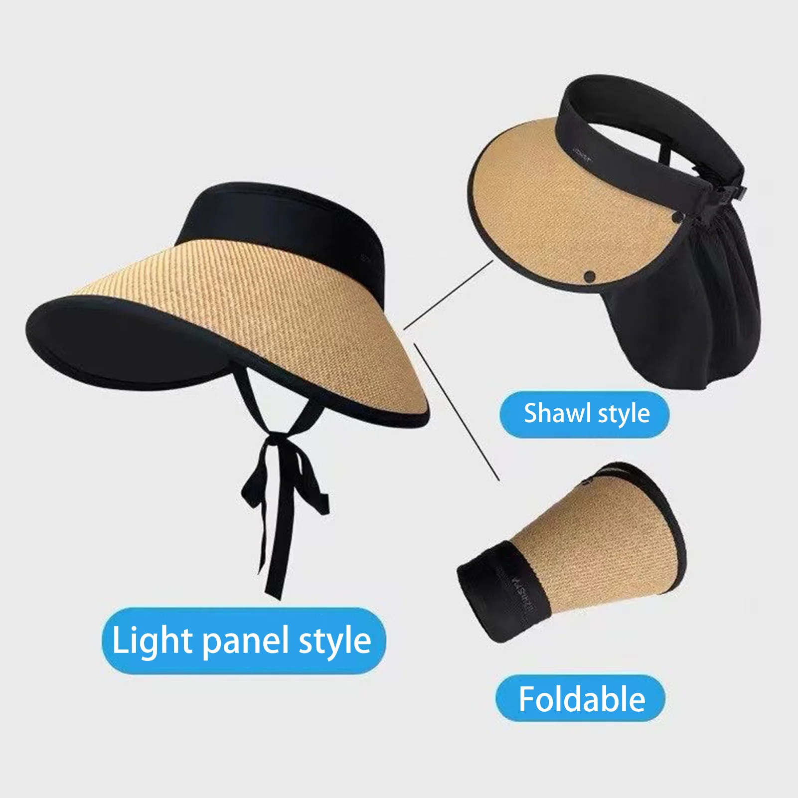 Women's Straw Sun Visor Hats New Large Brim Sunshade Hat Foldable Detachable Neck Protective UV Sun Hat Sun Protection Hat