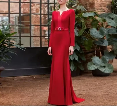 Vestidos de sirena sencillos personalizados para madre de la novia, vestidos de boda con cuello en V y mangas largas, vestidos de fiesta de boda, longitud hasta el suelo con lazo