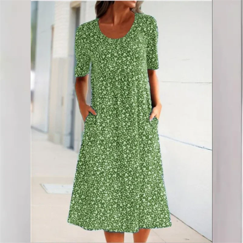 Women Sweet Style Small Flower High Waist Dresses O Neck Pullover Double Side Pockets Dress Elegant Female Commuter Casual Gown