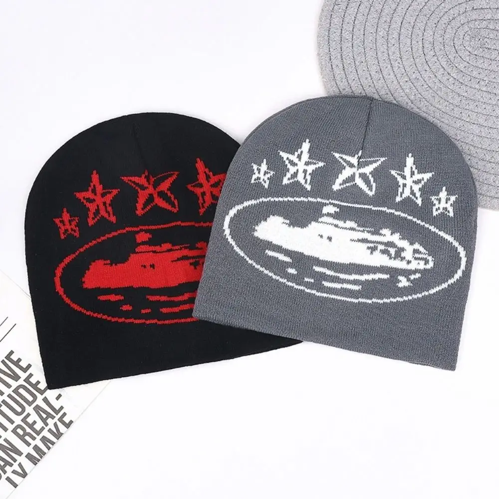 Hip Hop Knitted Knit Beanie Hat Windproof Stretchy Skull Cap Soft Star Jacquard Pattern Street Hat For Men Women