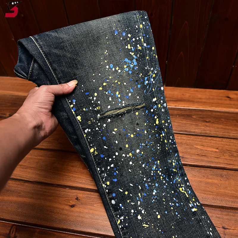 High-End Men's Slim Fit Stretch Ripped Paint Spray Print Casual Fashion Korean Style Blue Skinny Jeans