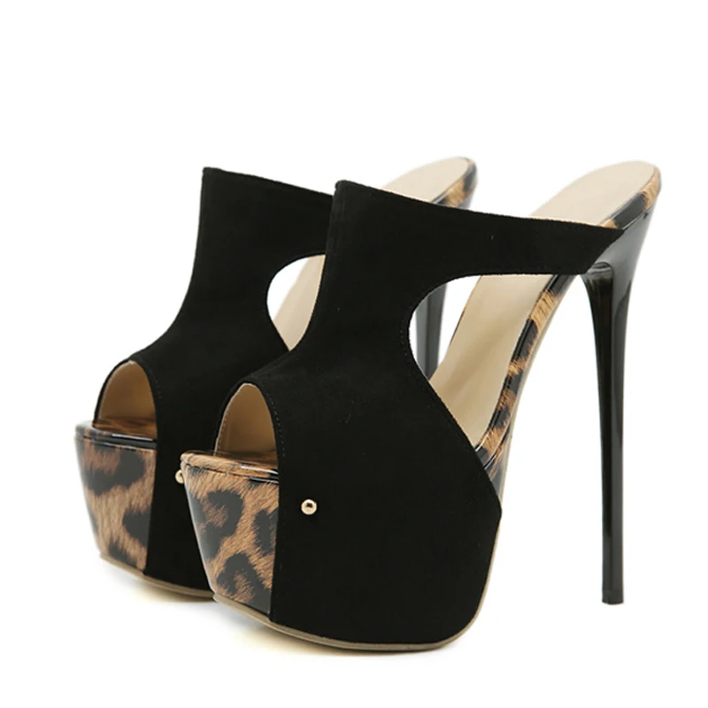 Liyke Sexy Leopard Print Peep Toe 16CM Extreme High Heels Modern Slippers Women Platform Sandals Summer Party Banquet Shoes
