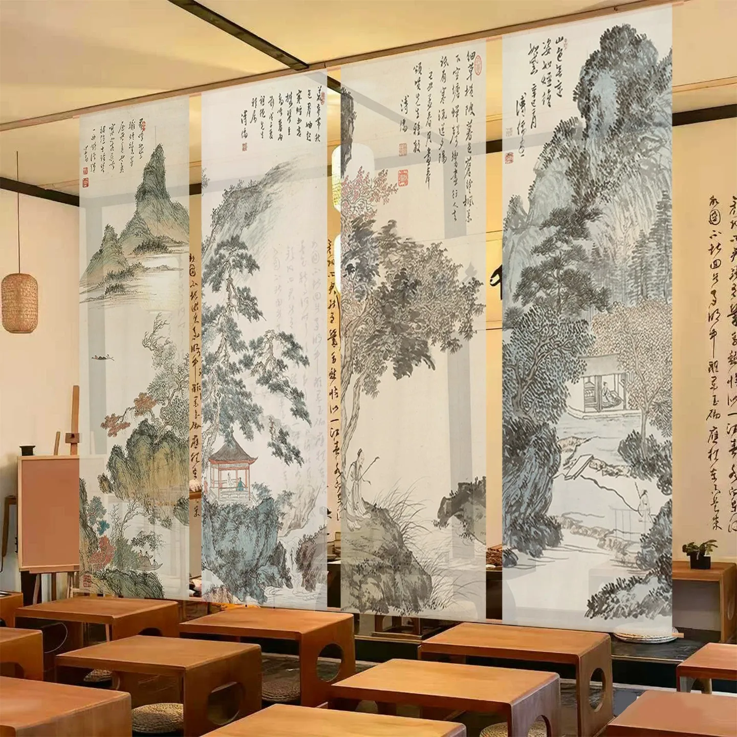  Chinese Ink Painting Hanging Room Divider | Semi Transparent Noren Screen for Tea Room | Zen Decor & Space Partition