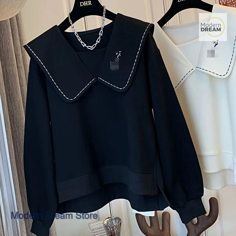French style retro embroidered doll collar sweater women's spring and autumn new fashion temperament plus size loose casual top