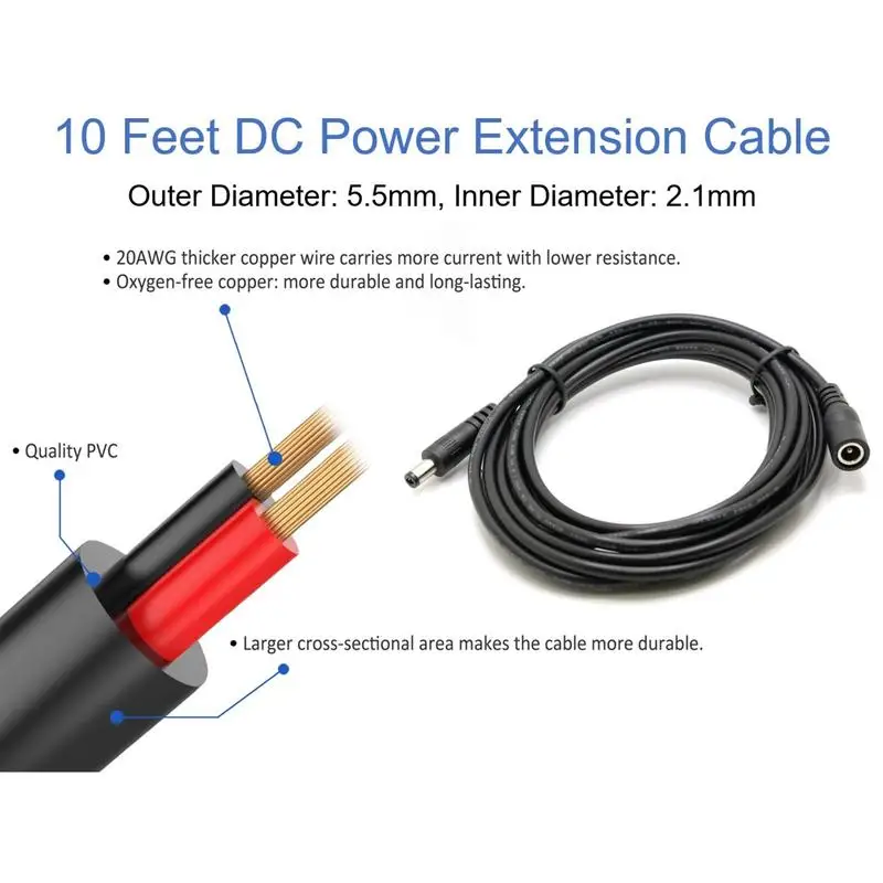 Cable de extensión de cámara de seguridad, adaptador de suministro de transmisión de datos estable macho a hembra, DC 12V