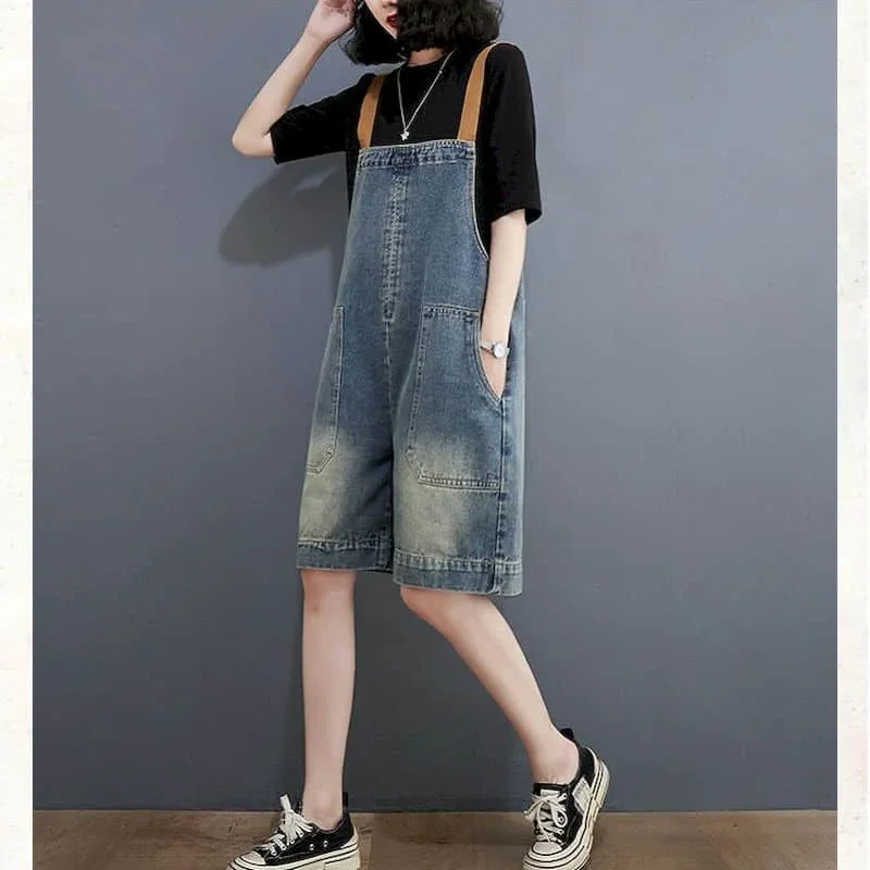 Celana Kodok untuk Wanita Denim Vintage Kasual Fashion Korea Pakaian Bermain Solid Celana Pendek Kaki Lebar Longgar Pakaian Satu Potong Pakaian Wanita
