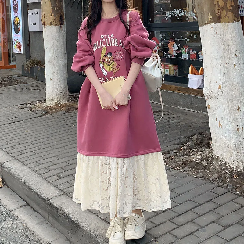 

Plus Fleece High Street Winter Women Lace Patchwork Hoodie Long Dress Loose Round Neck Printing Long Sleeve Comfortable Dresses