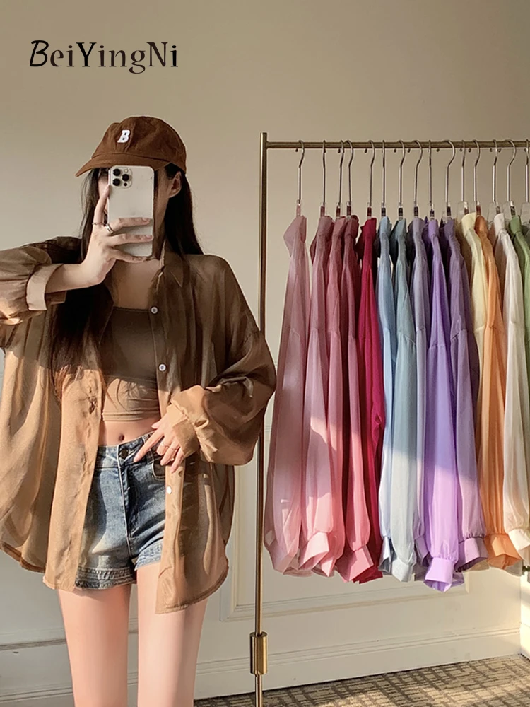 Beiyingni Fashion Loose Thin Casual Sun Protection Shirts Women Spring Summer Ice Silk Outwear Blouses Female Soft Korean Top