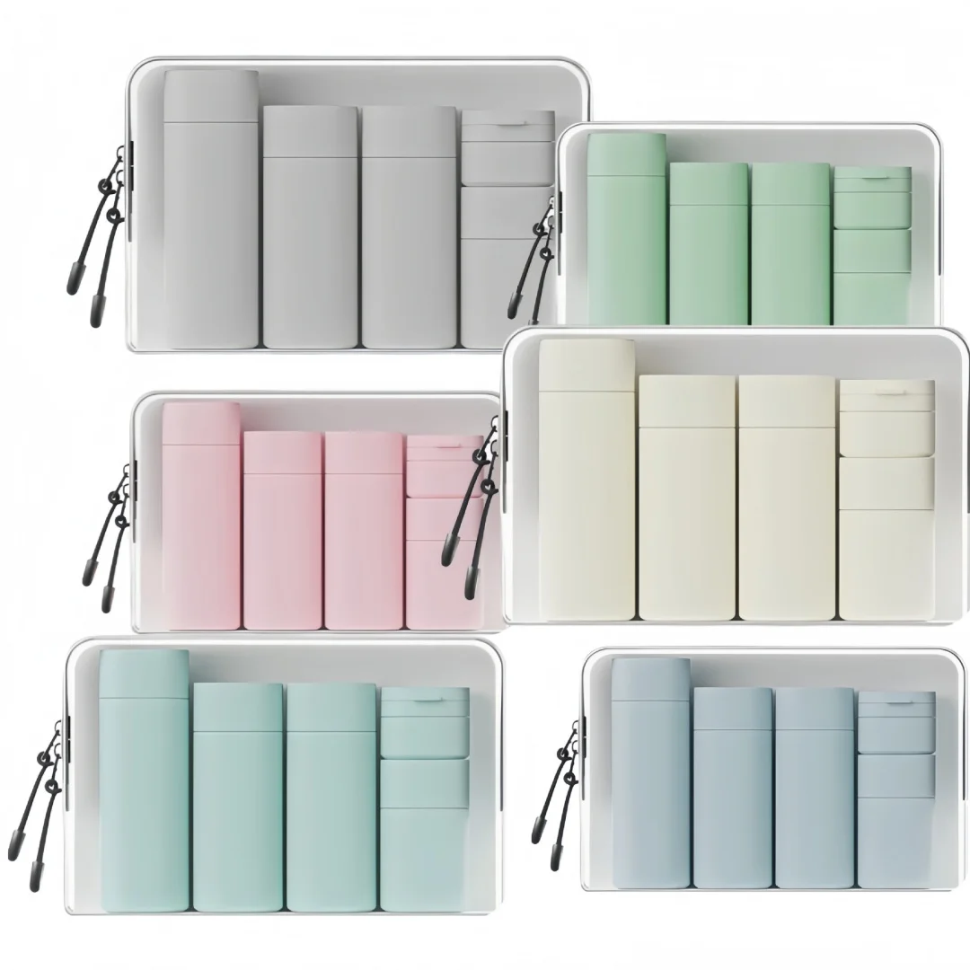 Conjunto de garrafas de viagem, recipientes espremíveis de silicone, acessórios de viagem recarregáveis para condicionador, shampoo, loção e corpo