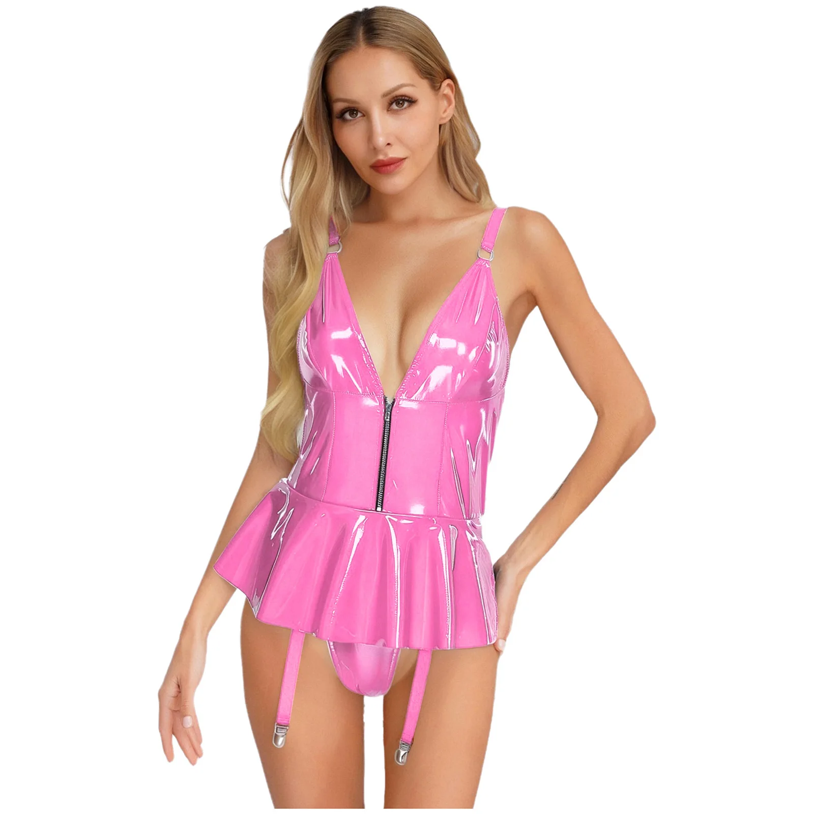 SEXY Glossy Mini Dress with V-Neck Lace-Up Back Built-in Garters And Briefs Wet Look Clubwear Womens Sultry Bold Tempting Dress