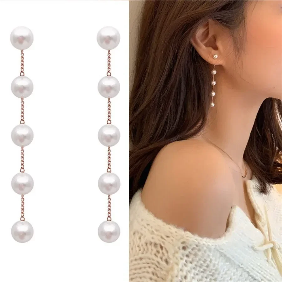 Korean Version S925 Silver Needle Style Pearl Earrings for Women Chain Long Tassel Earring Jewelry