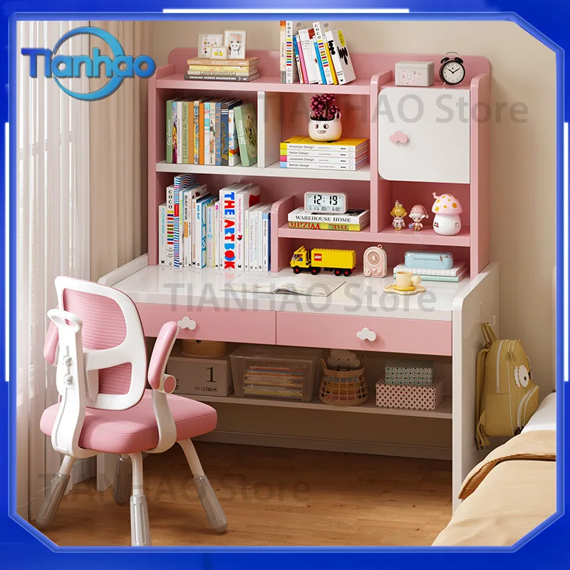 Solid Wood Children's Desk and Bookshelf Combo Table for Elementary Students Study Desk Writing Desk with Chair Set for Home