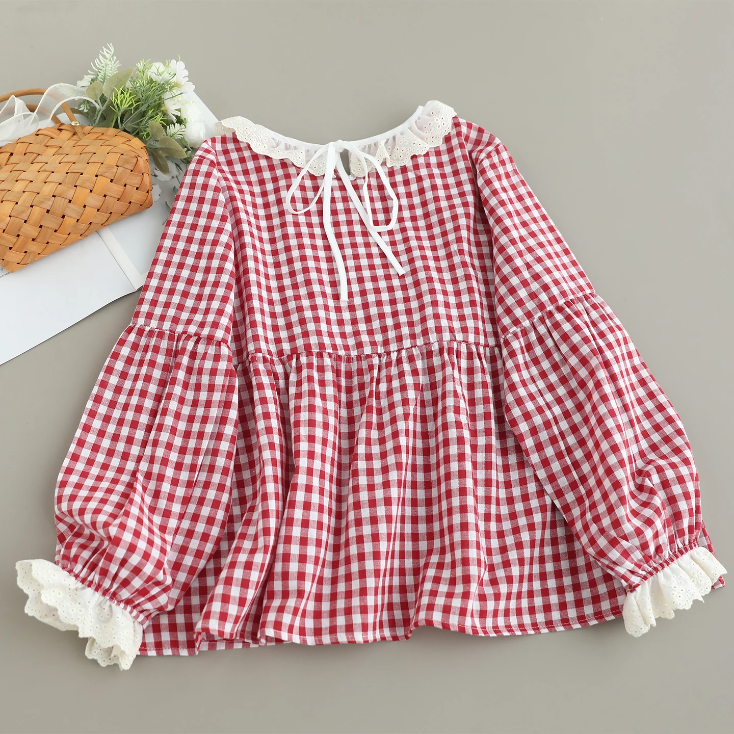 Japanse Zoete Mori Meisje Vintage Plaid Kant Patchwork Katoenen Shirts Vrouwen Herfst O-hals Lange Mouw Casual Losse Blouse Tops