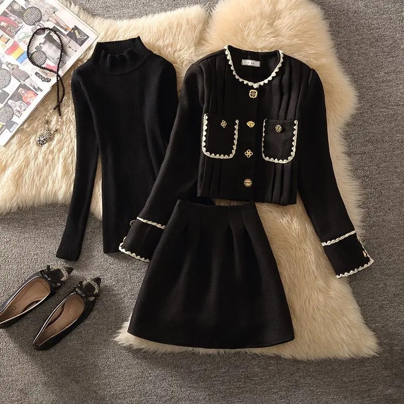 Women 2023 New Winter Elegant Suit Jacket Coat Jumpers Top And Skirt Three Piece Set Female Matching Outfits Luxury Y2K Clothing