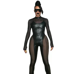 Sexy Black Mesh Jumpsuit Women PU Leather Long Sleeve Back Zipper Bodysuit Latex Catsuit Club Wear Bodysuit Streetwear