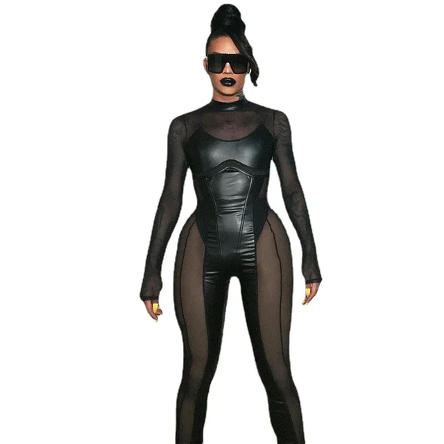 Seksowna czarna siateczka kombinezon kobiety PU skóra z długim rękawem powrót Zipper body lateks Catsuit sukienka do klubu body Streetwear