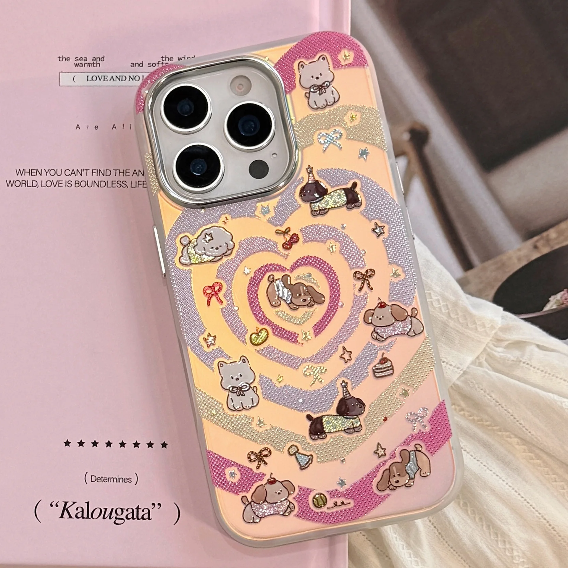 Koreanische Laser Cartoon Welpe Bunte Liebe Herz Telefon Fall Für iPhone 17 16 15 14 13 12 Pro Max stoßfest Schutzhülle Hard Cover