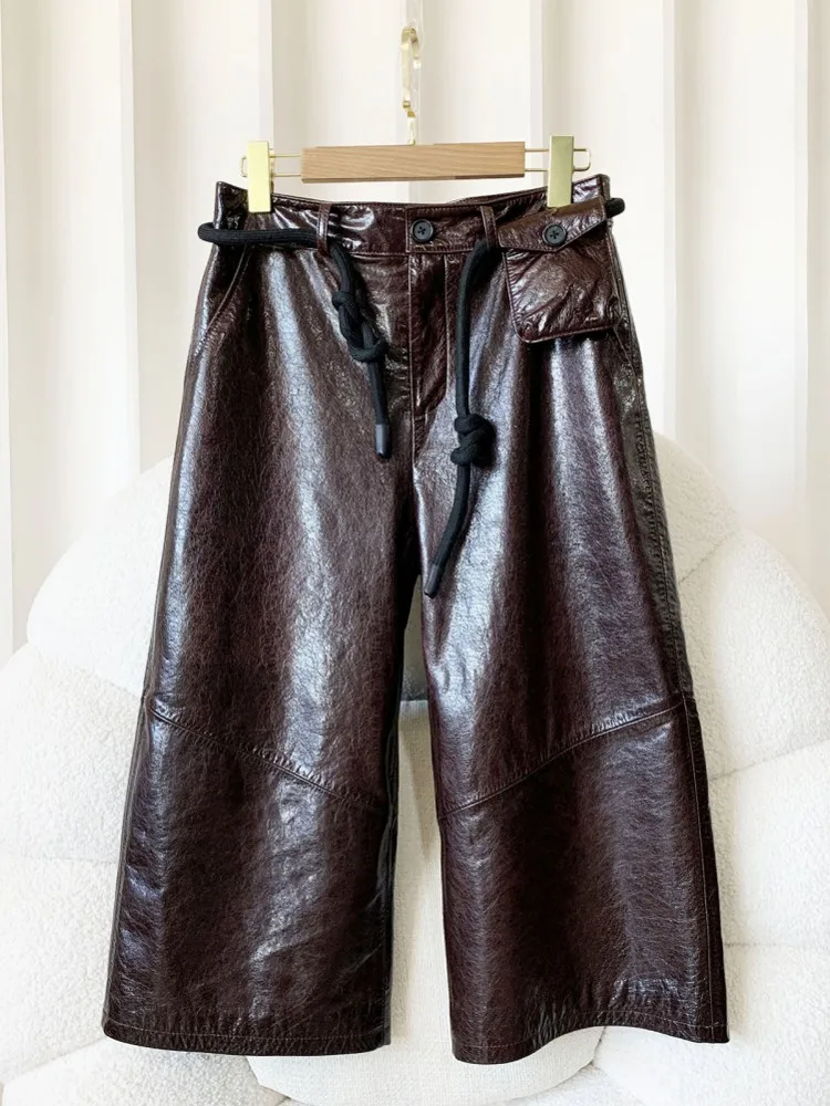 New Women Office Retro Oil Wax Genuine Leather Lace Up Casual Wide Leg Trousers Loose Fit Versatile Fashion Lady Wide Leg Pants