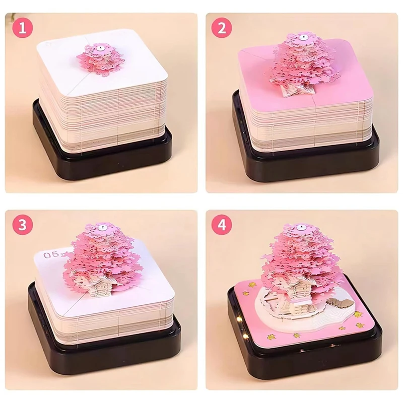 3D Art Calendar Memo Pad 2024, Creative Timepiece Calendar Sakura Tree Rip Away Paper Carving Sticky DIY Note Pink Easy To Use