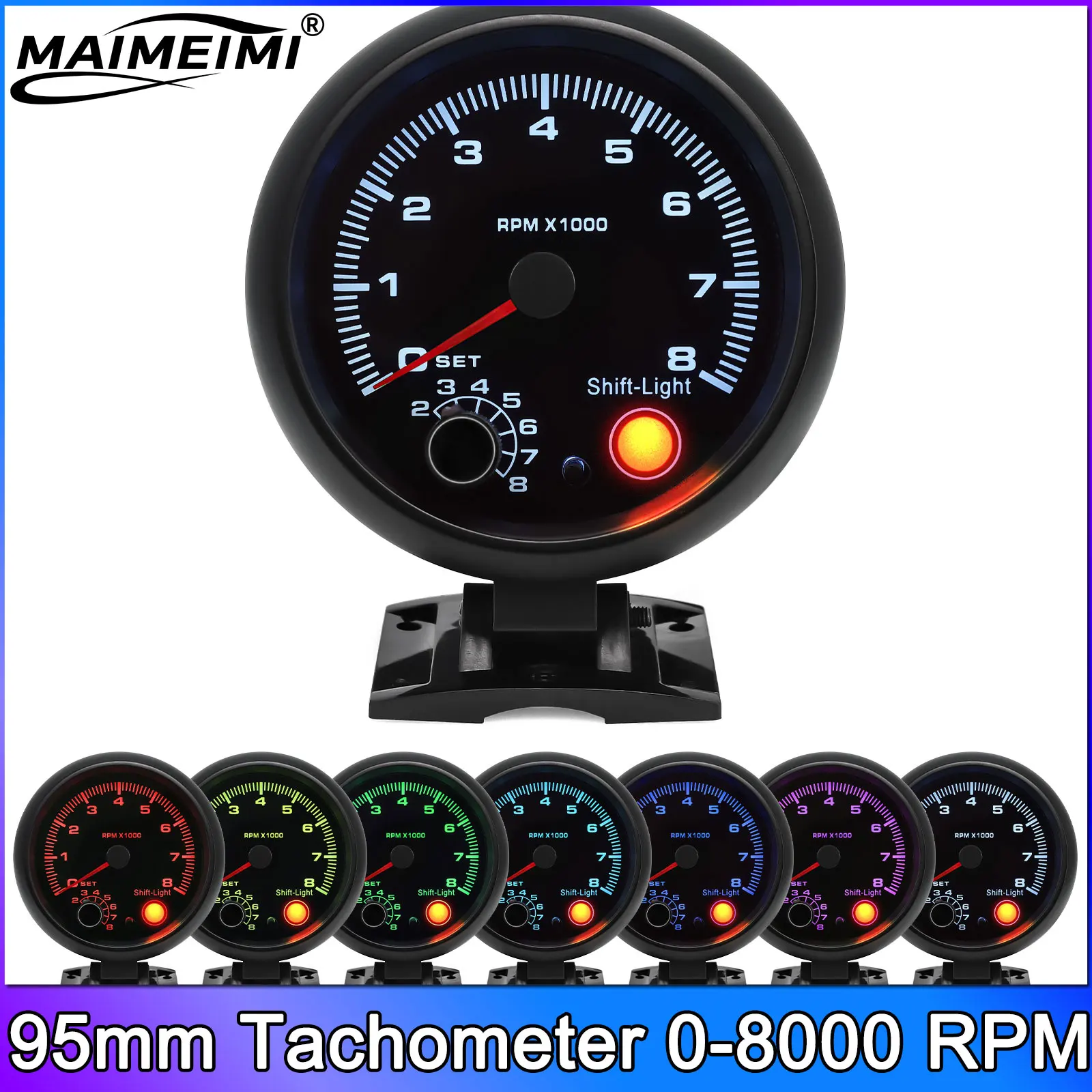 

95mm Tachometer Black 0-8000 RPM Meter 7 ColorsCar Tacho Meter Gauge For 4 6 8 Cylinder 12V Shift Light Auto Tacometro Moto
