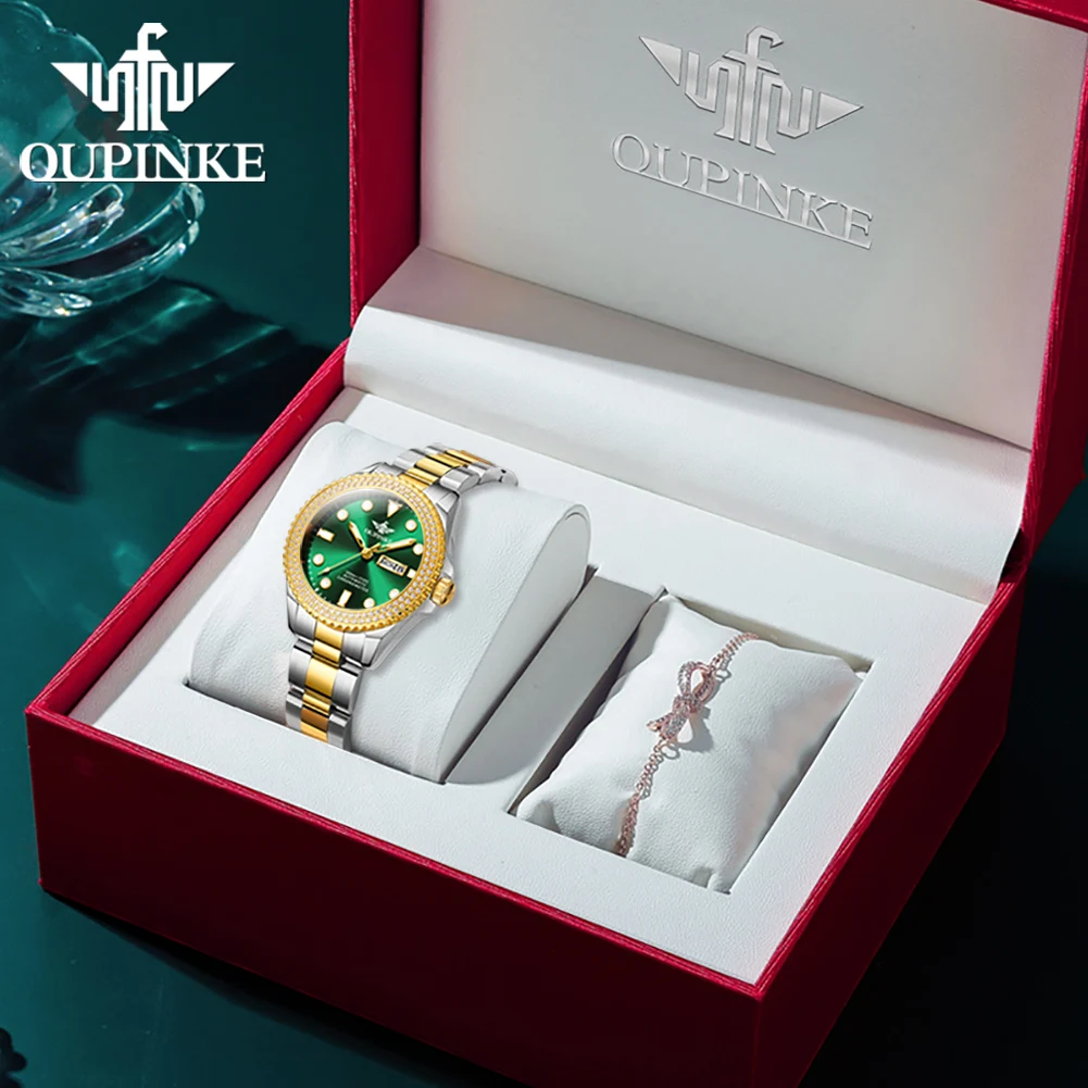 OUPINKE 3205 Automatic Mechanical Women's Watch Dual Calendar Display Waterproof Stainless steel Luxury Women's Watch