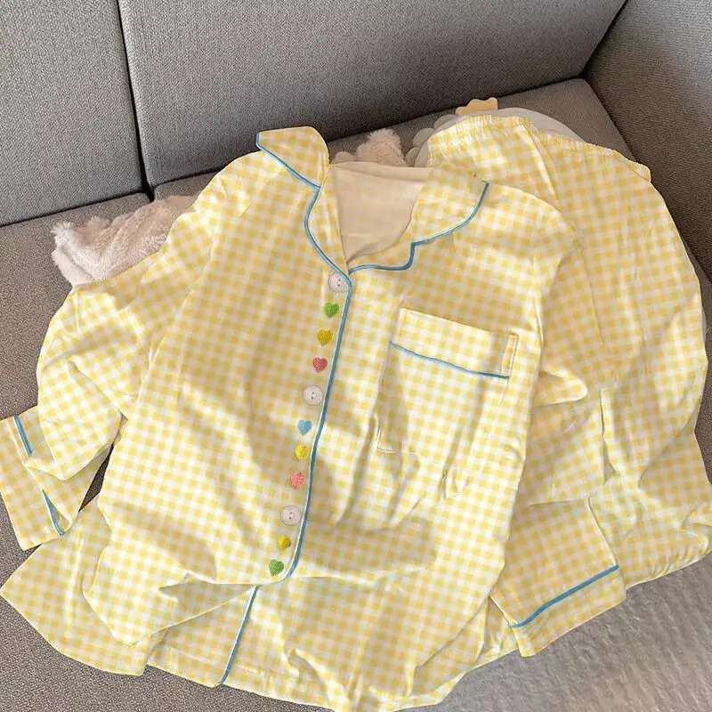 Kawaii leite amarelo xadrez primavera e outono roupas de casa para meninas, novo doce e amoroso pijama de manga comprida conjunto de duas peças